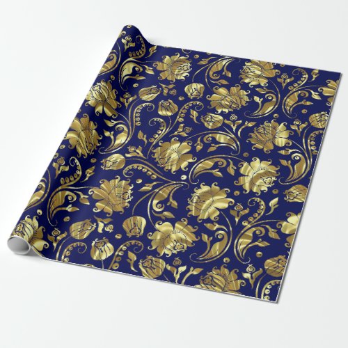 Deep Purple  Gold Floral Damasks Pattern Wrapping Paper