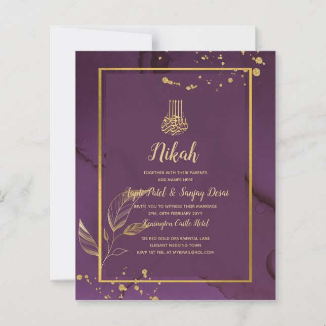 DEEP PURPLE GOLD LEAVES Wedding Invite (Front)
