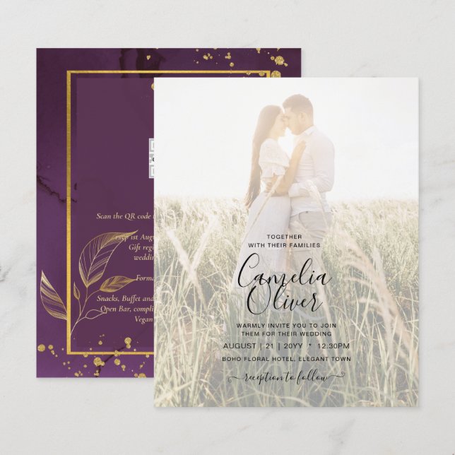 DEEP PURPLE GOLD LEAVES Wedding Invite (Front/Back)