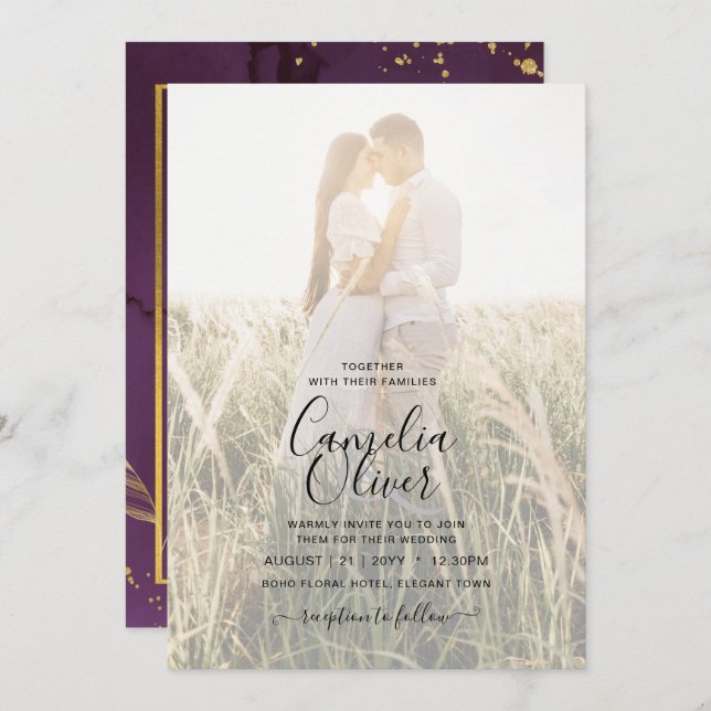 DEEP PURPLE GOLD LEAVES Wedding Invite (Front/Back)