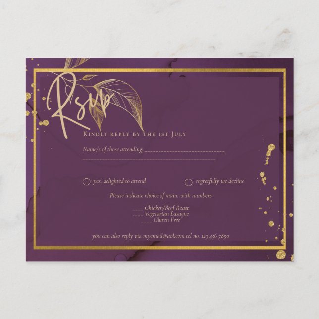 DEEP PURPLE GOLD LEAVES Wedding Invite (Front)