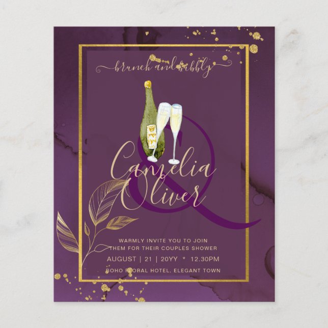 DEEP PURPLE GOLD LEAVES Wedding Invite Flyer (Front)