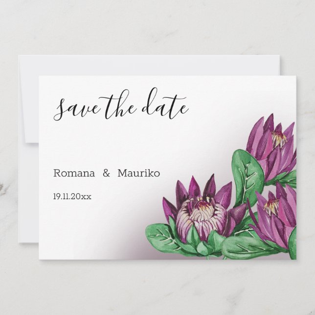 Deep Purple King Protea Watercolor Art Save The Date (Front)