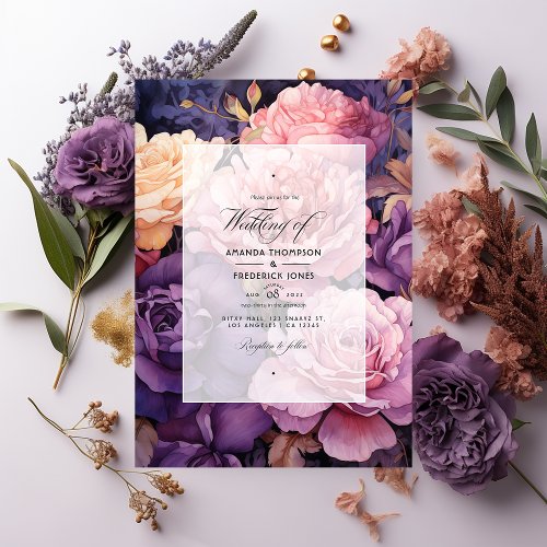 Deep Purple Lavender and Rose Gold Floral Wedding Invitation