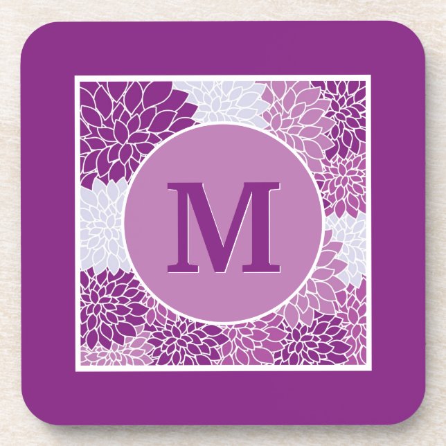 Deep Purple Monogrammed Dahlia Floral Beverage Coaster (Front)