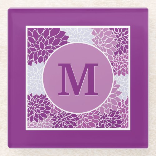 Deep Purple Monogrammed Dahlia Floral Glass Coaster