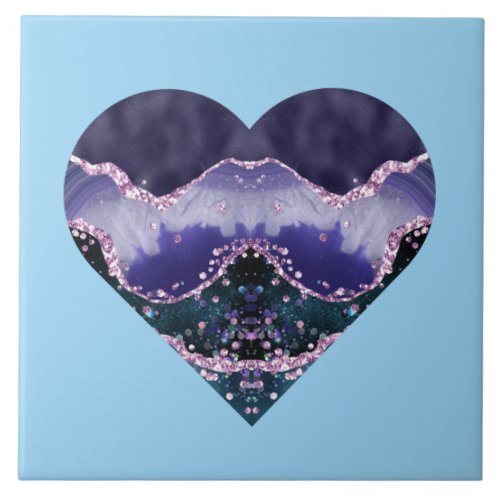 Deep Purple Ocean Watercolor Look Heart on Blue Ceramic Tile