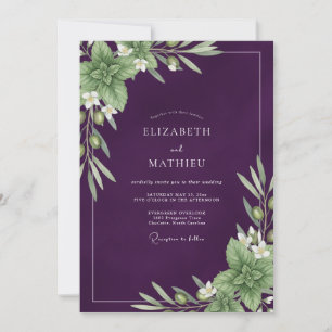 Deep Purple Olive Eucalyptus Wedding Invitation