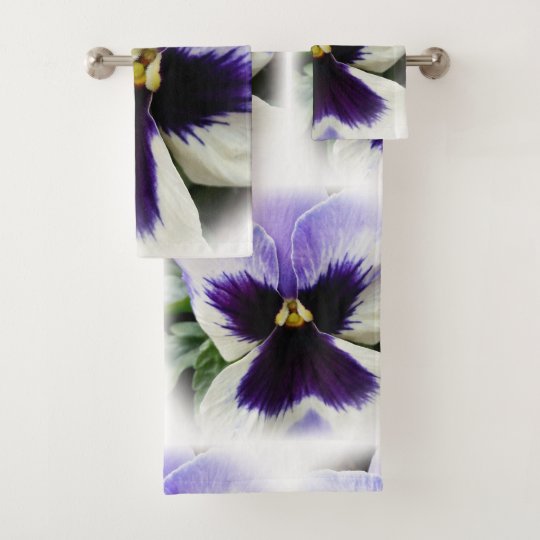 deep purple on white pansy bath towel set
