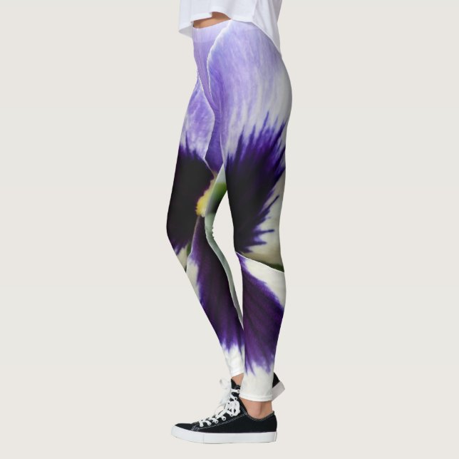 deep purple on white pansy leggings (Left)