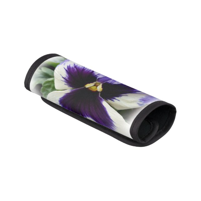 deep purple on white pansy luggage handle wrap (Angled)