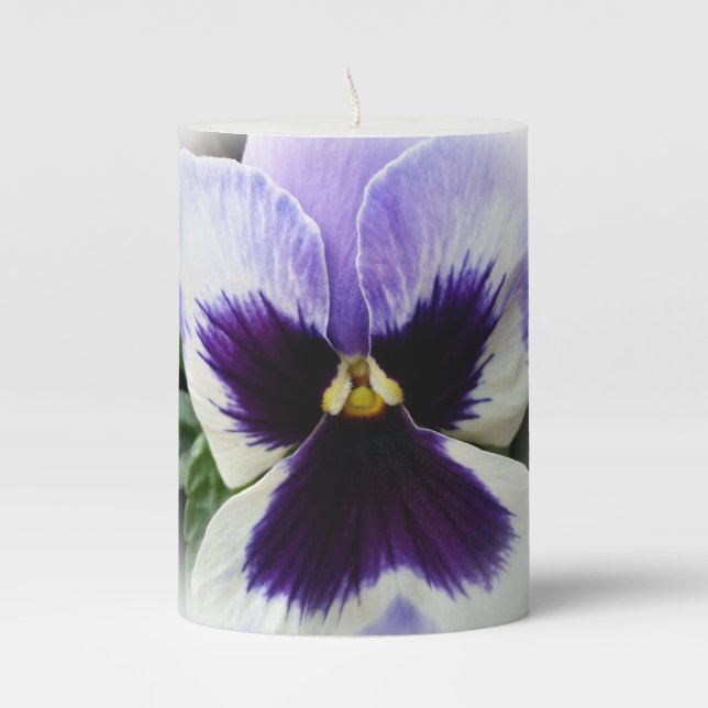 deep purple on white pansy pillar candle (Front)