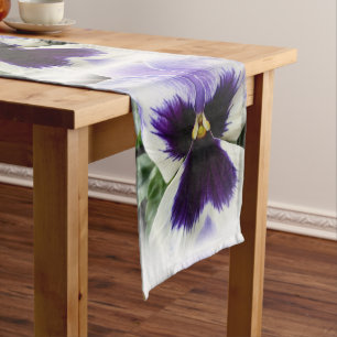deep purple on white pansy short table runner