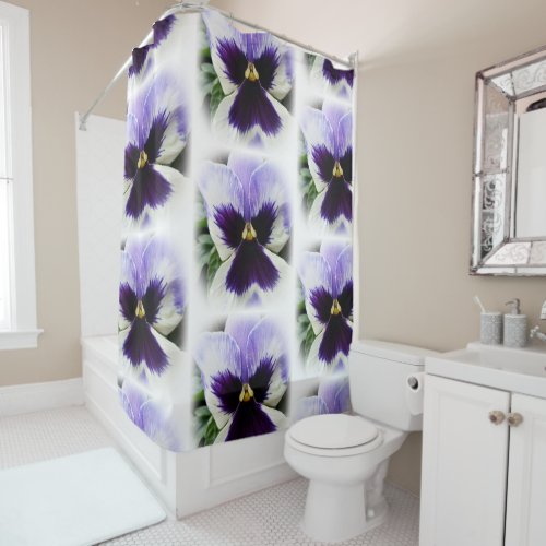 deep purple on white pansy shower curtain