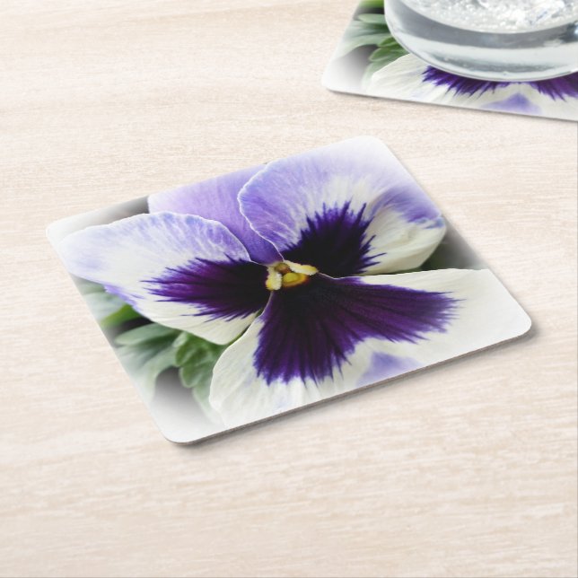 deep purple on white pansy square paper coaster (Angled)