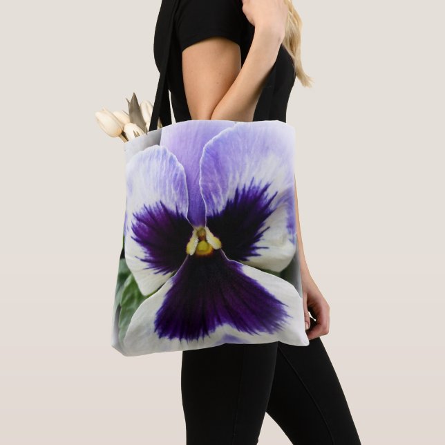 deep purple on white pansy tote bag (Close Up)
