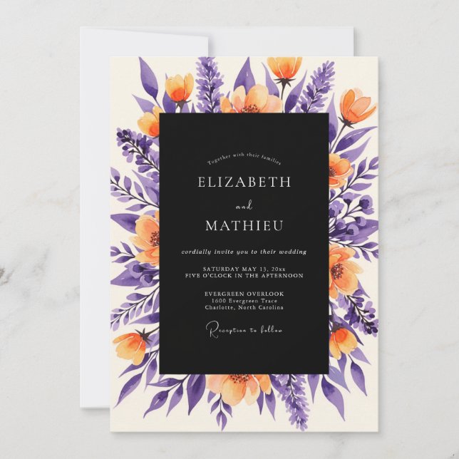 Deep Purple Orange Bold Botanical Wedding Invitation (Front)