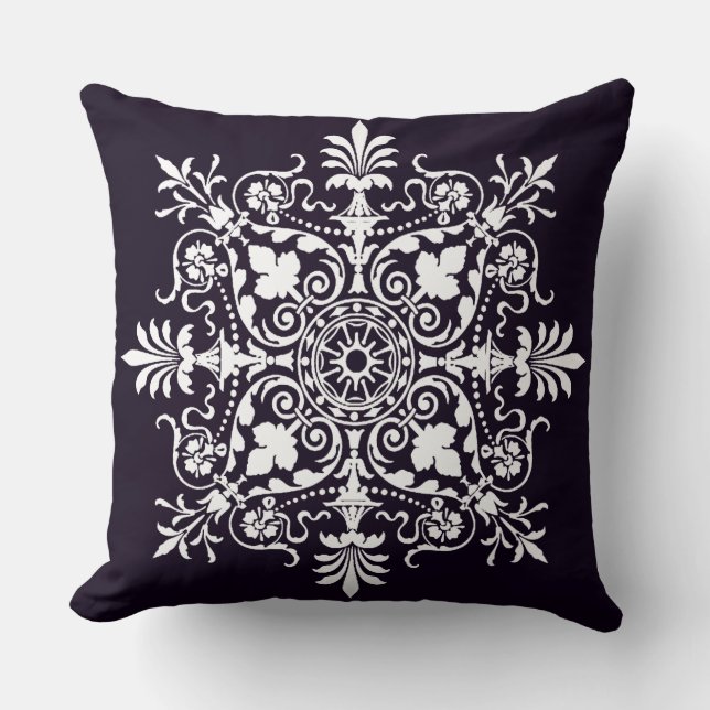 Deep Purple Ornate Floral Damask Throw Pillow (Front)