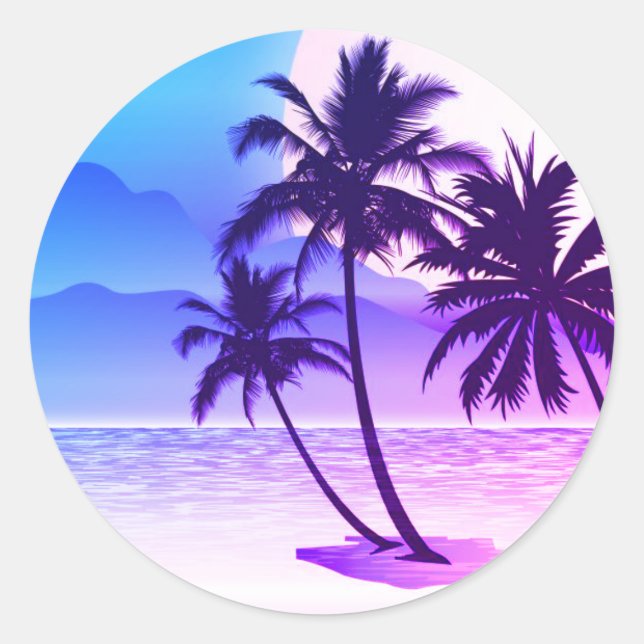 Deep Purple Palms on Beach Round Stickers (Front)