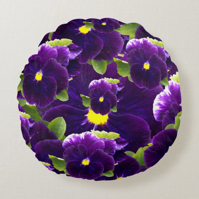 Deep Purple Pansy Bushes, Round Pillow (Front)