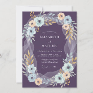 Deep Purple Peach Wreath Wedding Invitation
