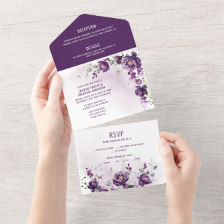 Deep Purple Peonies All in One Wedding Invite