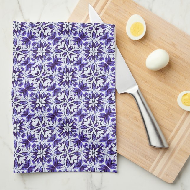 Deep Purple, Purple, Periwinkle & White Damask  Kitchen Towel (Quarter Fold)