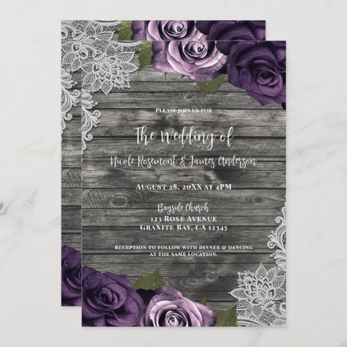 Deep Purple Roses Grey Rustic White Lace Wedding Invitation