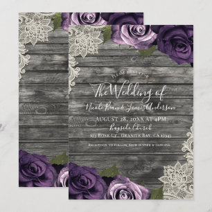 Deep Purple Roses Grey Rustic Wood Lace Wedding Invitation