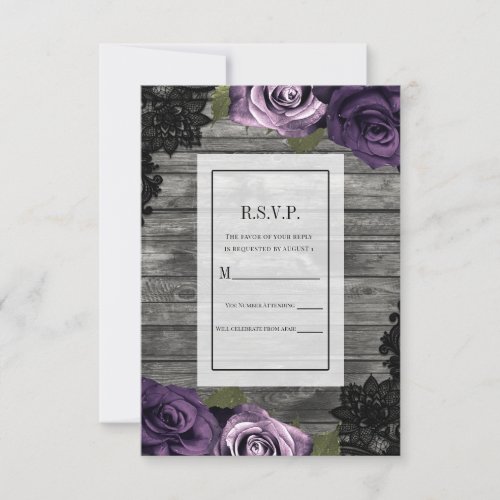 Deep Purple Roses Rustic Wood Black Lace RSVP  Invitation