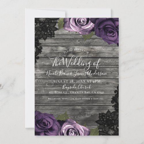 Deep Purple Roses Rustic Wood Black Lace Wedding Invitation