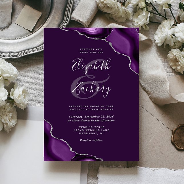 Deep Purple Silver Agate Corners Wedding Invitation (Creator Uploaded)