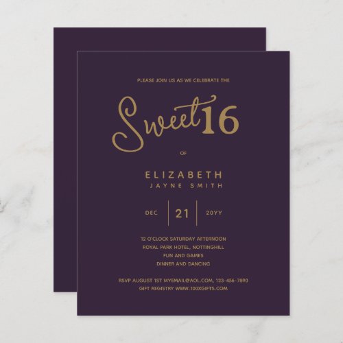 Deep Purple SWEET 16 Modern Elegant Gold Birthday