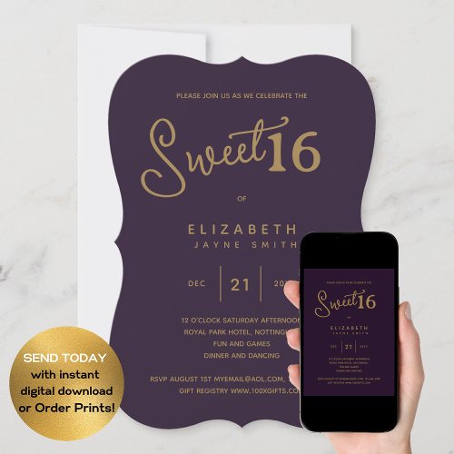 Deep Purple SWEET 16 Modern Elegant Gold Birthday Invitation