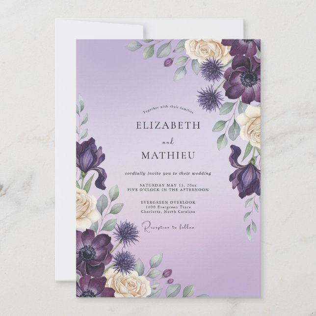 Deep Purple Thistle Eucalyptus Wedding Invitation (Front)