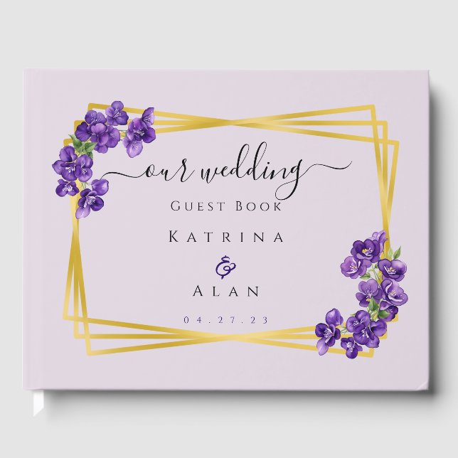 Deep Purple Violets Lavender Wedding Guest Book (Front)