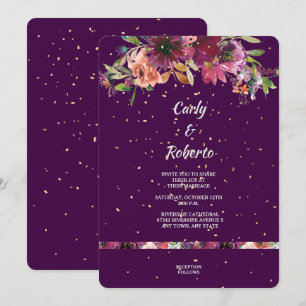 Deep Purple Vivid Floral Gold Confetti Wedding Invitation