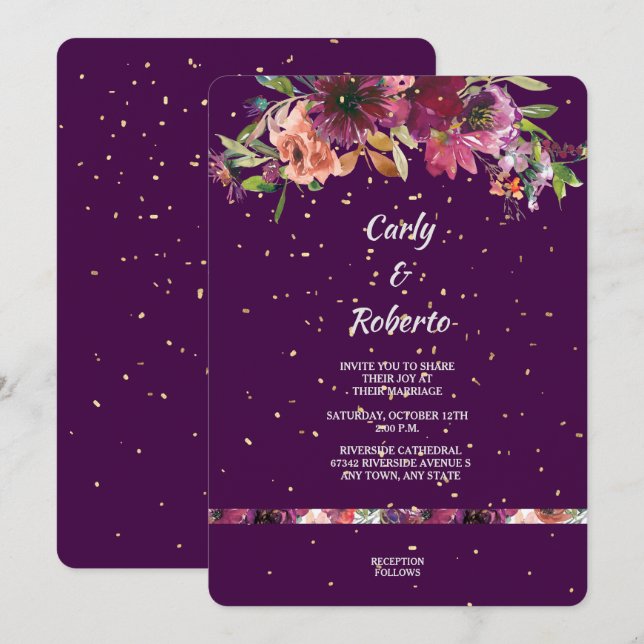 Deep Purple Vivid Floral Gold Confetti Wedding Invitation (Front/Back)