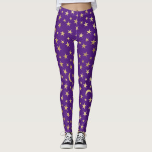 Deep Purple With Gold Foil Stars and Moons Leggings