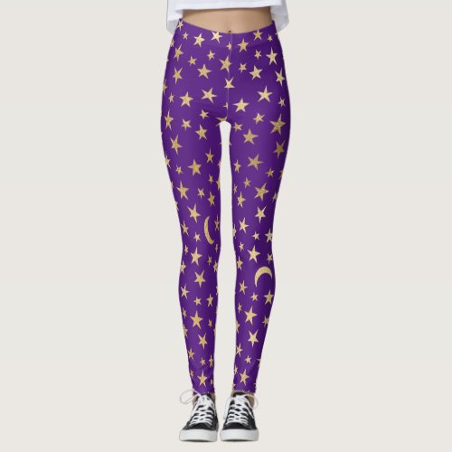Deep Purple With Gold Foil Stars and Moons Leggings