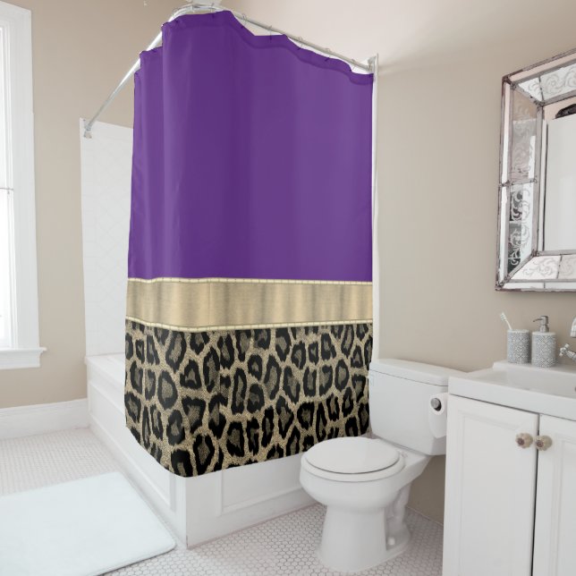 Deep Purple with Leopard Print Shower Curtain (In Situ)