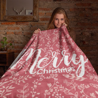Deep Raspberry Boho Floral Feather Christmas Fleece Blanket
