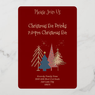 Deep Red 4 Green Pink Gold Christmas Trees Foil Invitation