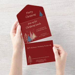 Deep Red 4 Green Pink Gold Christmas Trees Party All In One Invitation