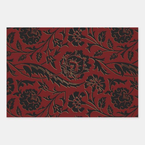 Deep Red and Black Floral Wrapping Paper Sheets