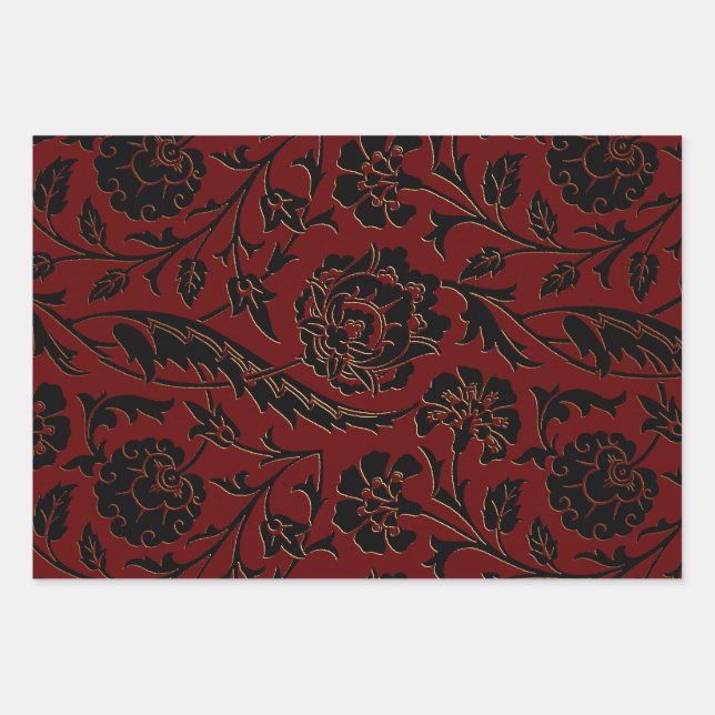Deep Red and Black Floral Wrapping Paper Sheets (Front)