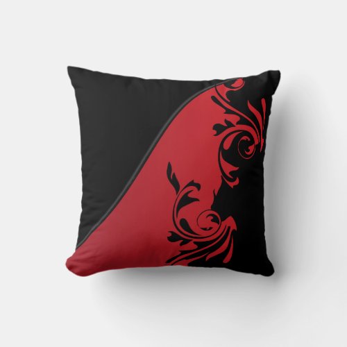 Deep Red and Black Florid Design Throw Pillow