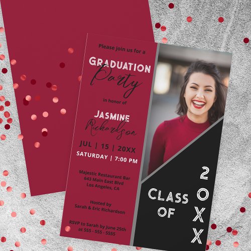 Deep Red and Black Modern Photo Graduation Party  Invitation