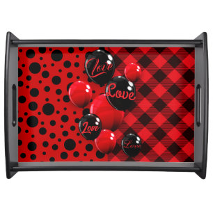 Deep Red and Black Multi-Pattern Love Serving Tray