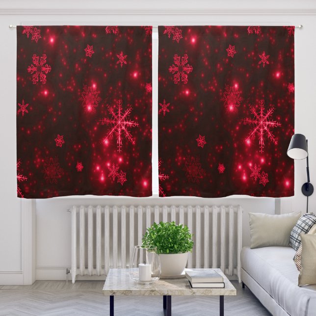 Deep Red and Bright Snowflakes Winter Holiday Blackout Curtains (Living Room)